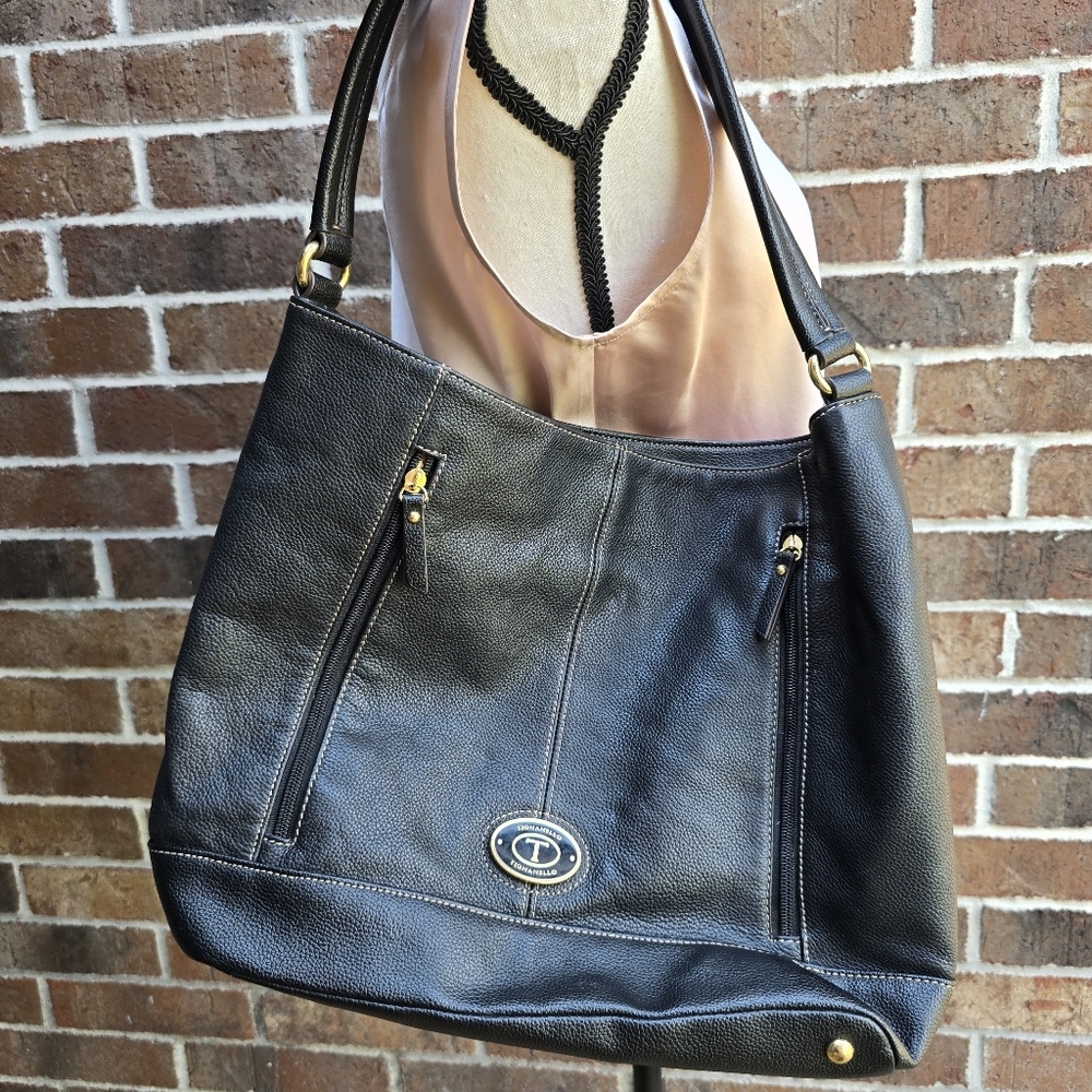 Tignanello Black Pebbled Leather Shoulder Bag RFID Wallet Purse Gold Hardware